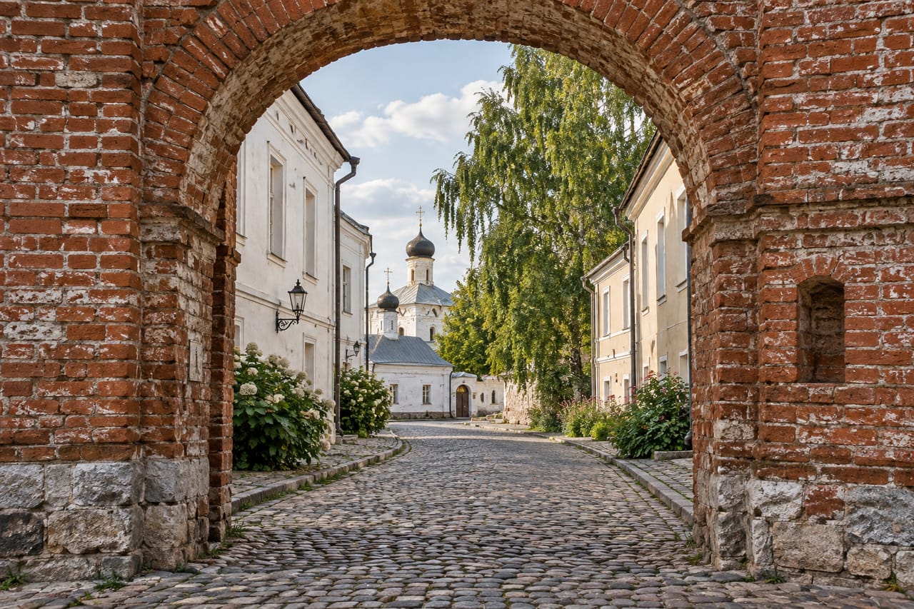 Кирпичная арка и мощёная улица старого города