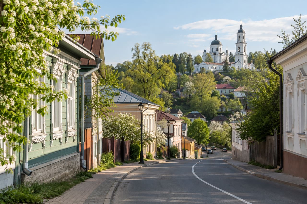 Старинная улица Боровска и белый храм на холме