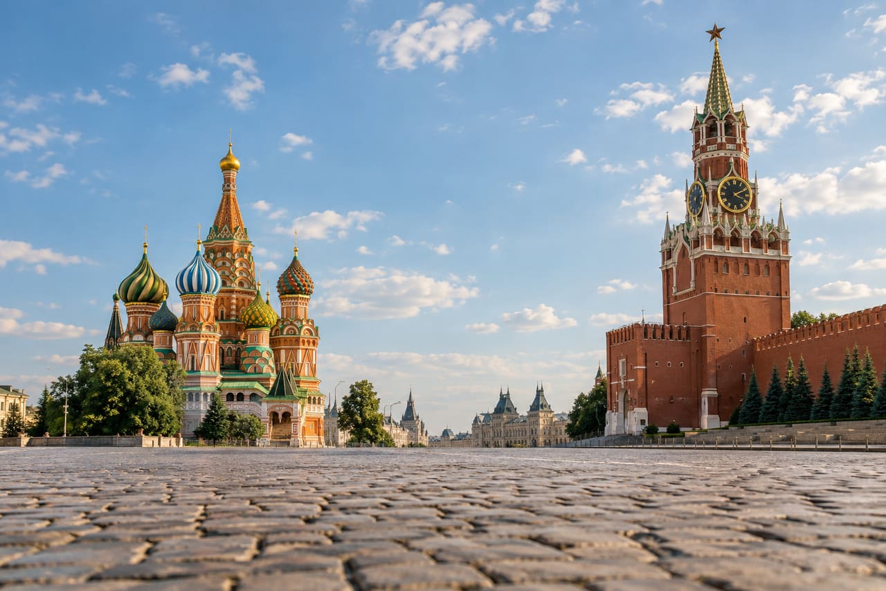 Красная площадь, храм Василия Блаженного и Спасская башня летом