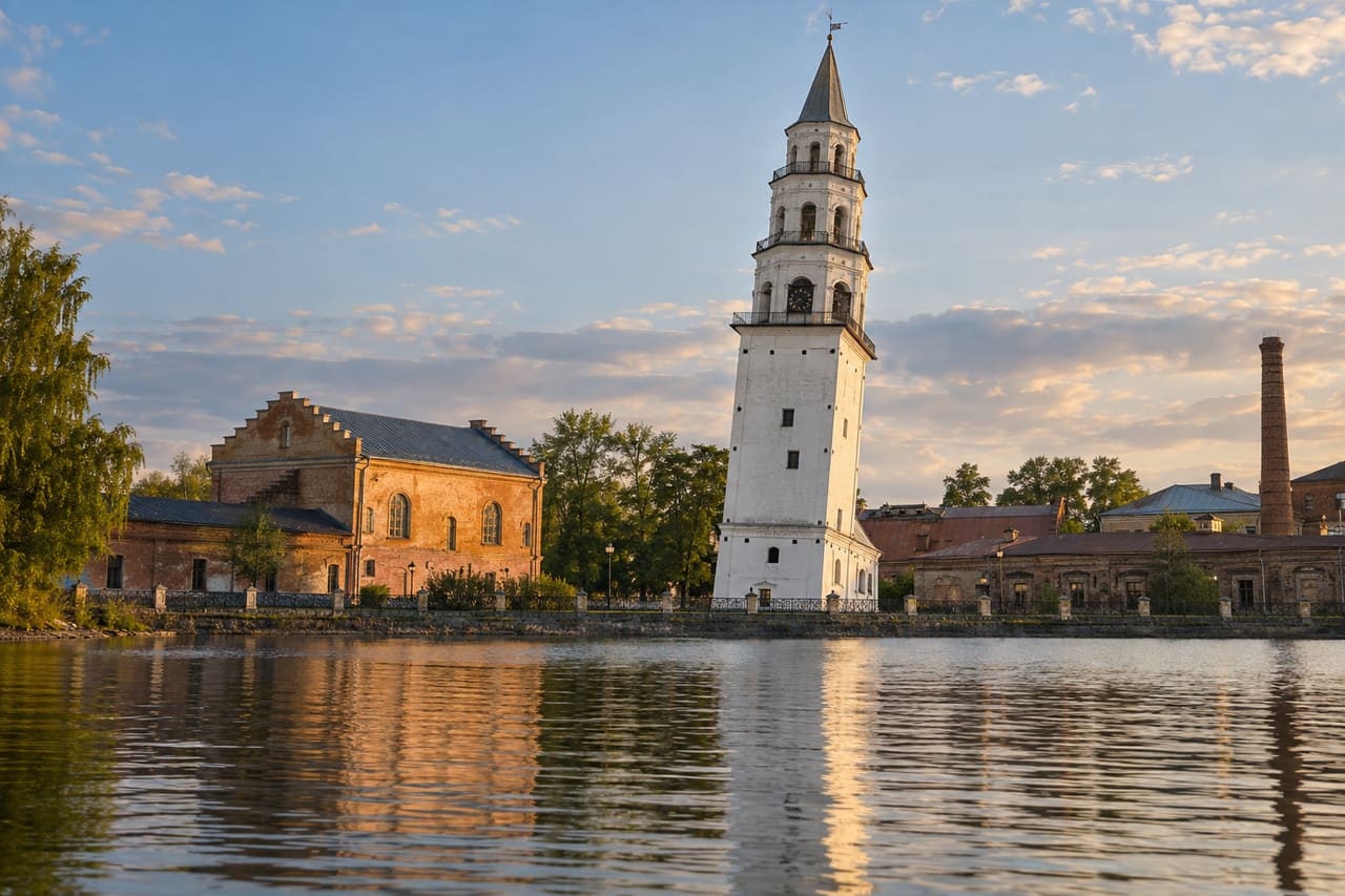 Невьянская наклонная башня у городского пруда.