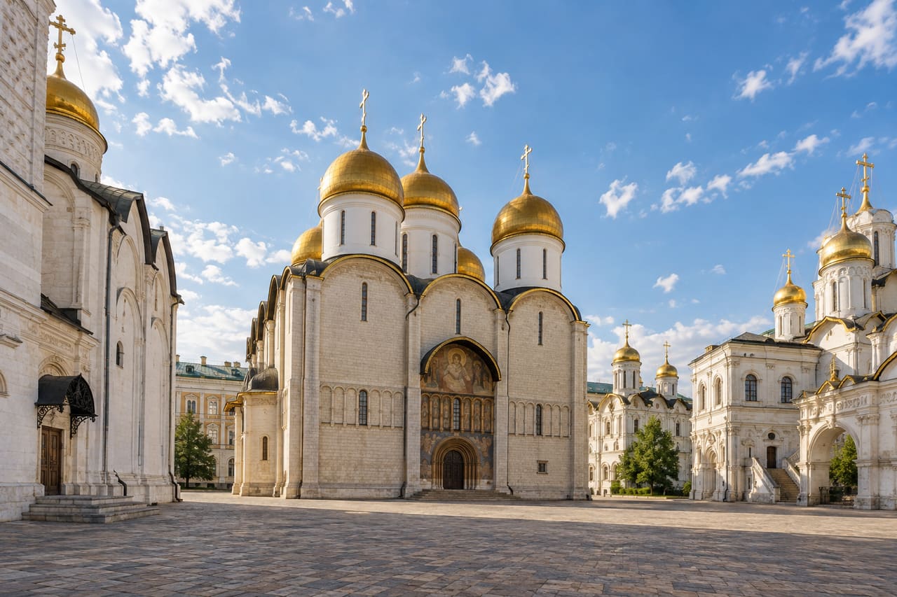 Белокаменные соборы с золотыми куполами в Кремле