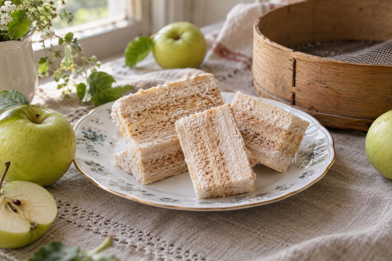 Яблочная пастила, зелёные яблоки и деревянное сито