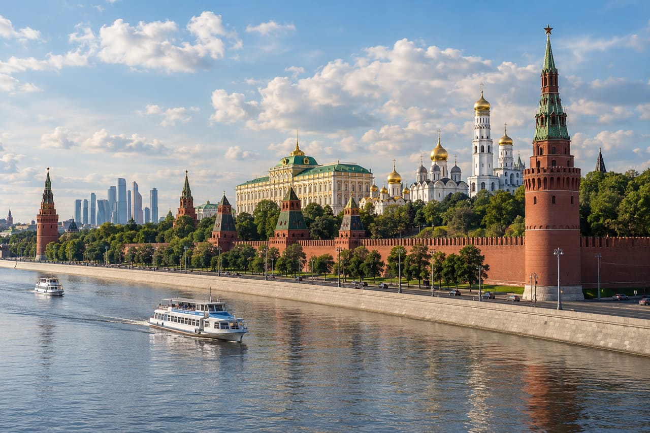Красные стены и башни Московского Кремля над Москвой-рекой.