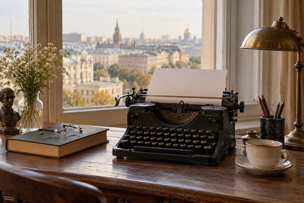 Старинная пишущая машинка, чистый лист, книга и очки у высокого окна