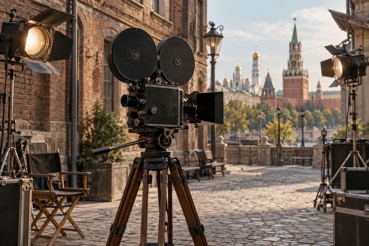 Старинная кинокамера с двумя кассетами на штативе у кирпичной декорации