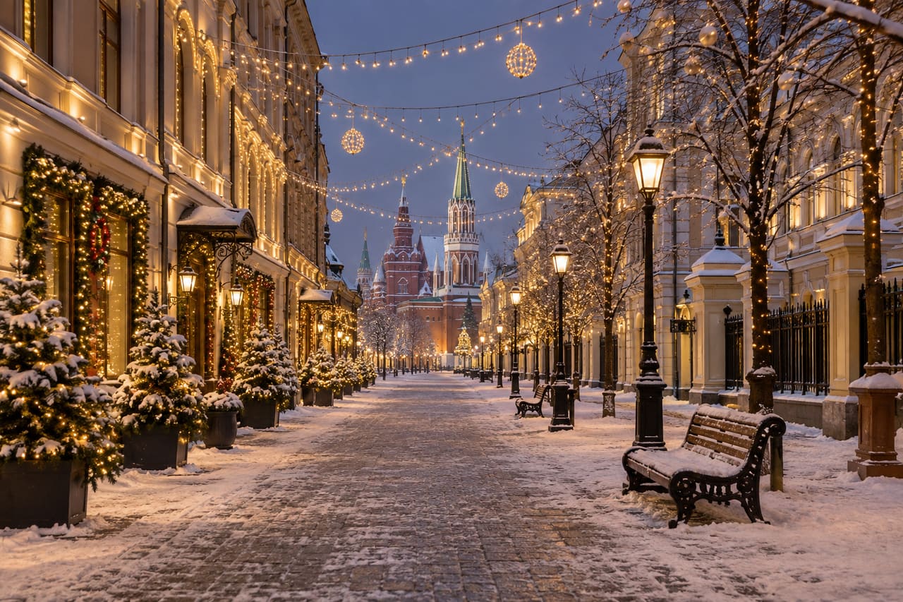 Зимняя московская улица с вечерними гирляндами