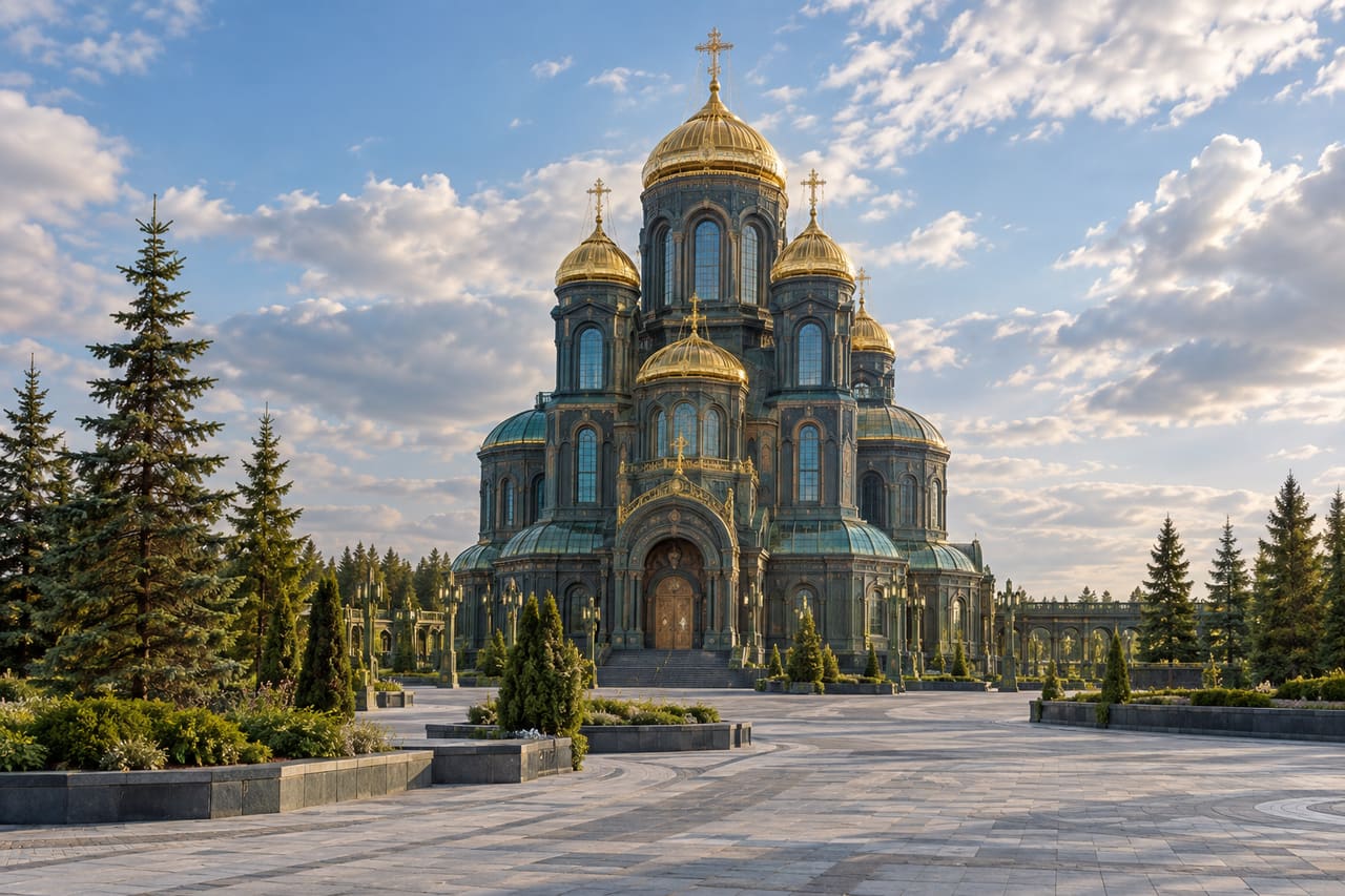 Собор с тёмно-зелёными куполами в парке Патриот.