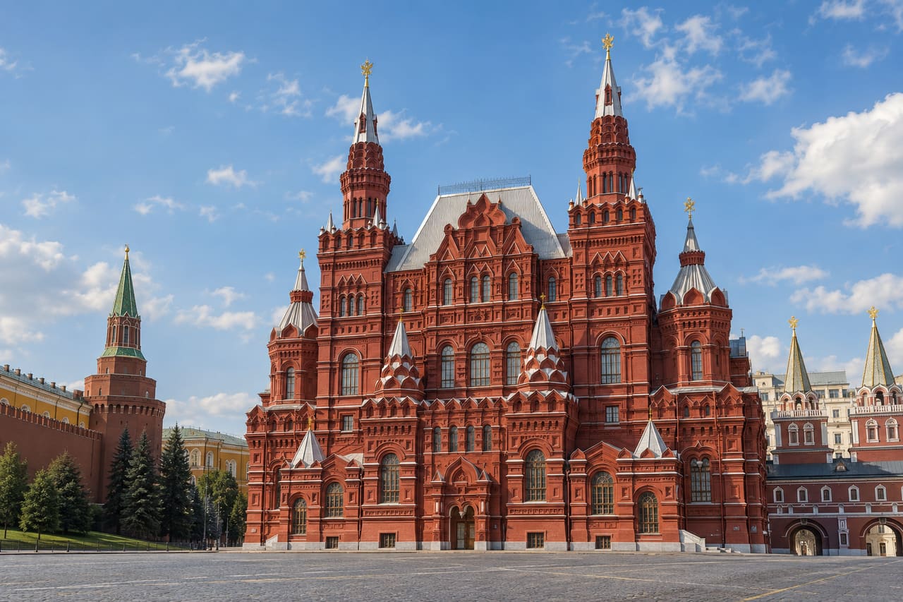 Краснокирпичный фасад Исторического музея в Москве