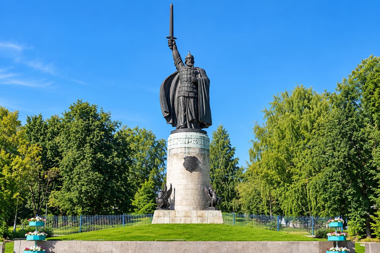 Памятник Илье Муромцу на зелёном городском берегу