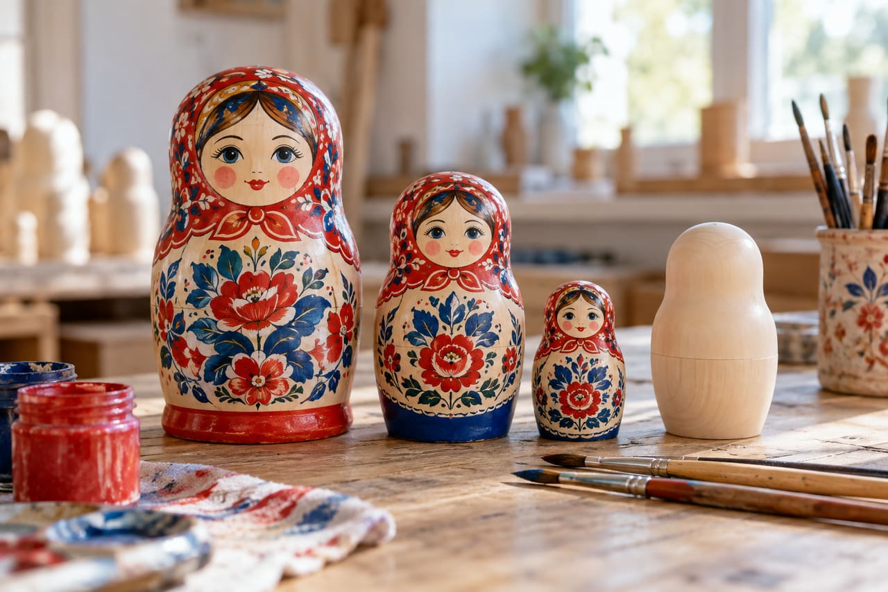 Три расписные матрёшки и деревянная заготовка с кистями на столе