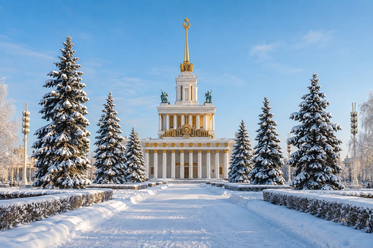 Центральный павильон ВДНХ за заснеженной аллеей