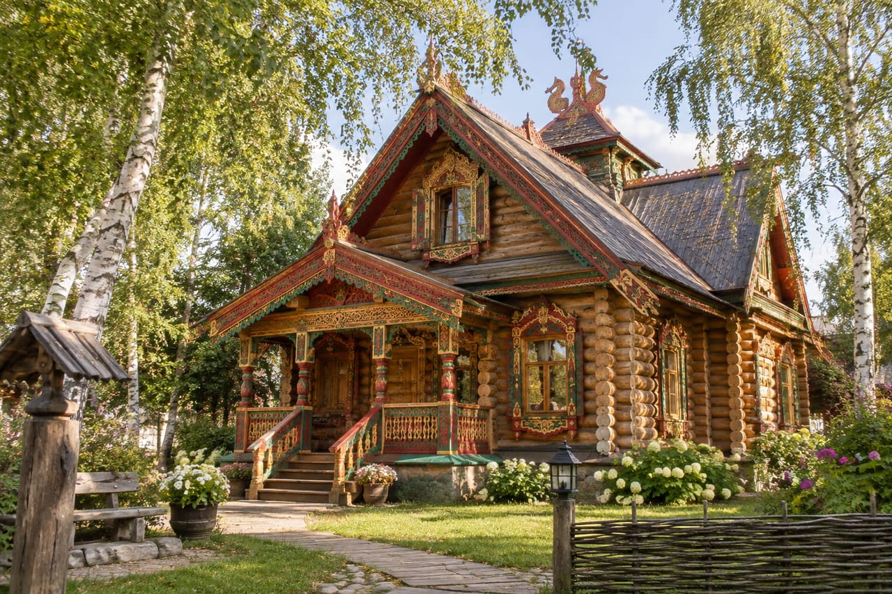 Деревянный терем с красно-зелёной резьбой среди берёз