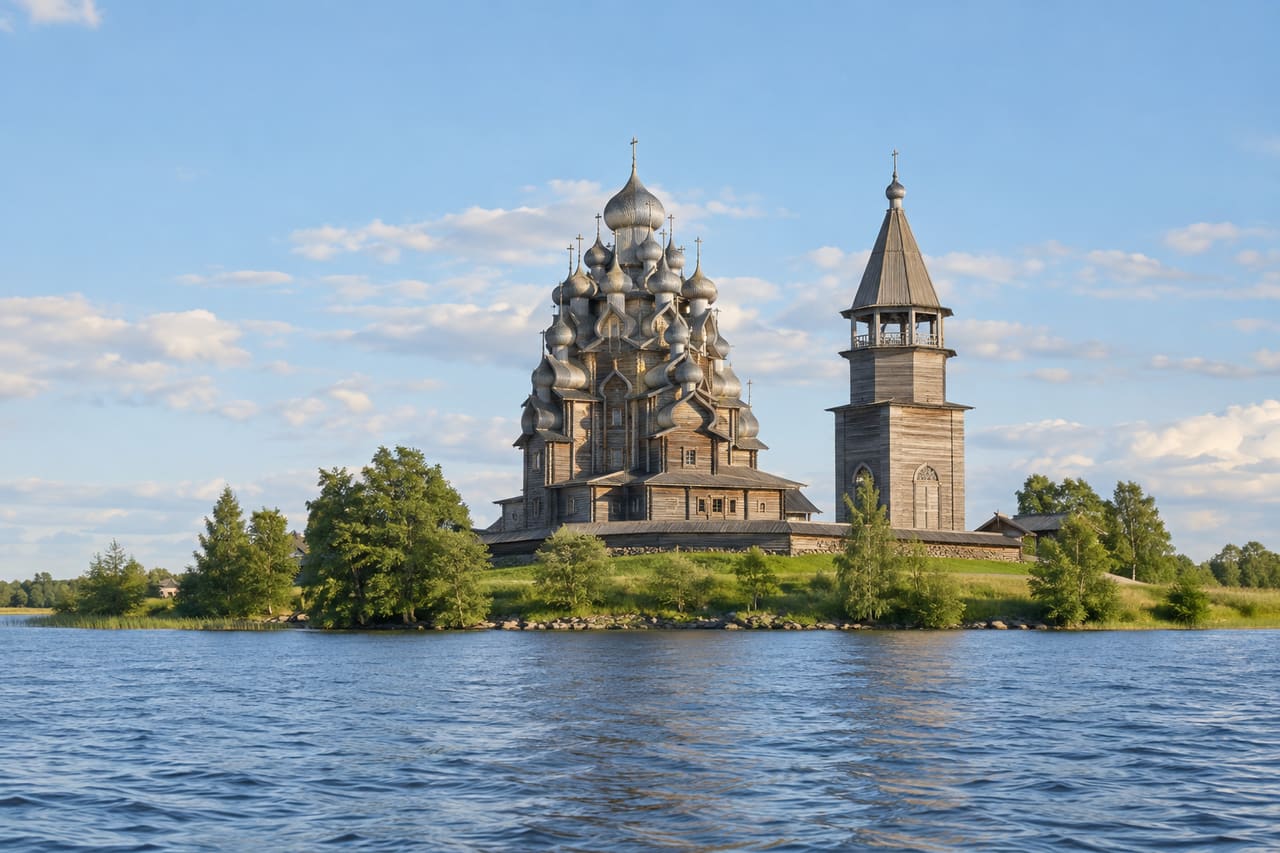 Деревянные церкви Кижей на острове Онежского озера.
