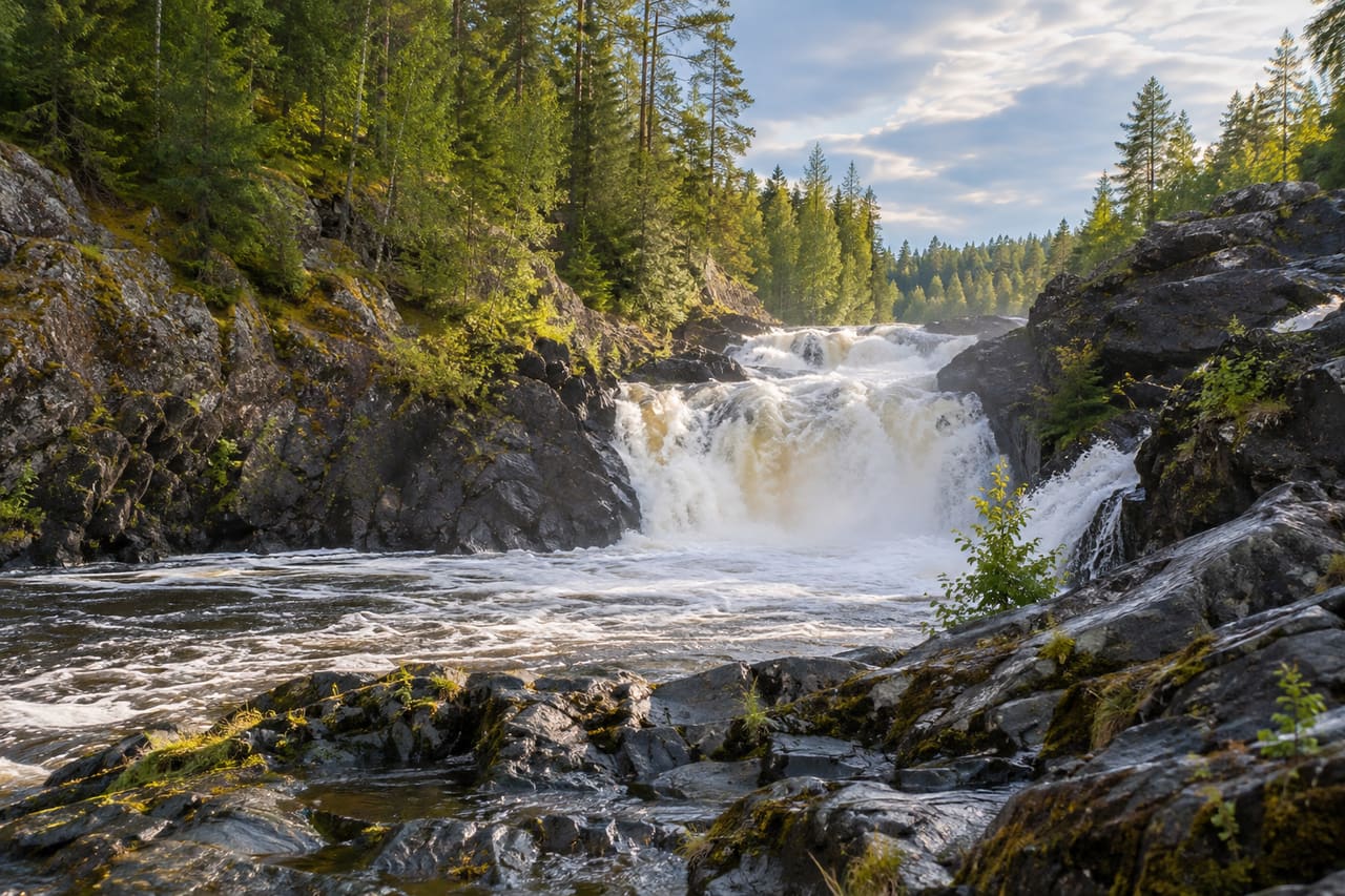 Водопад Кивач среди тёмных камней, сосен и берёз.