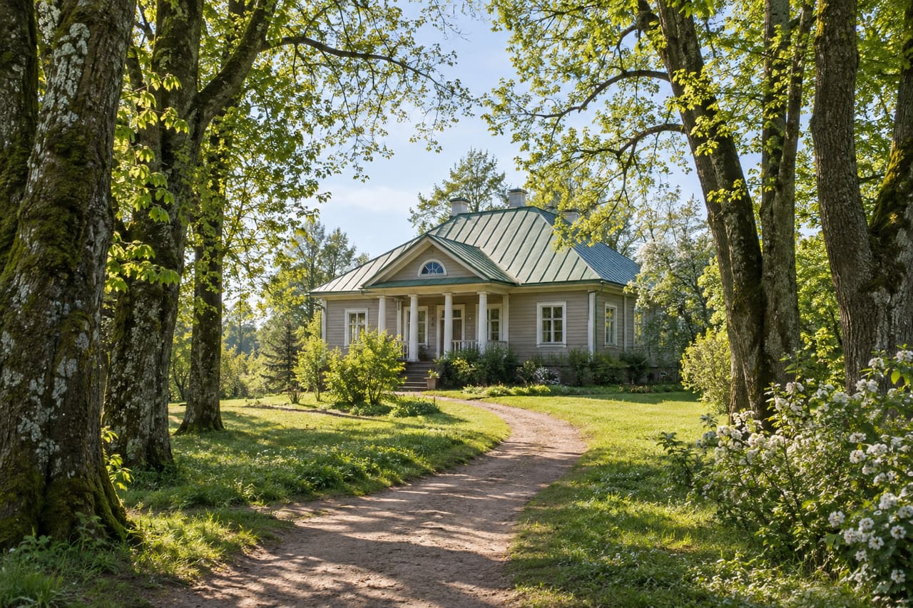 Светлый усадебный дом с зелёной крышей среди старых лип