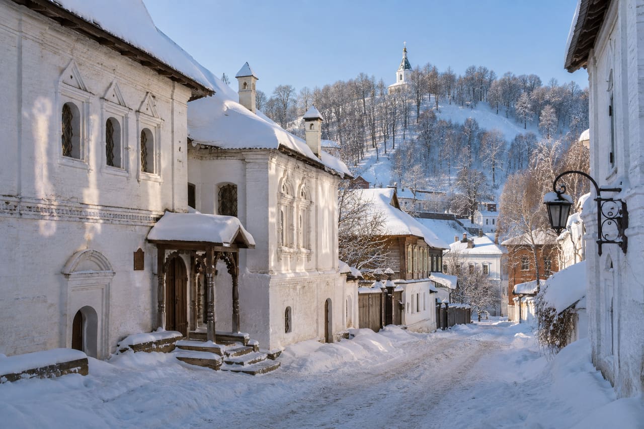Купеческие палаты и заснеженная улица Гороховца