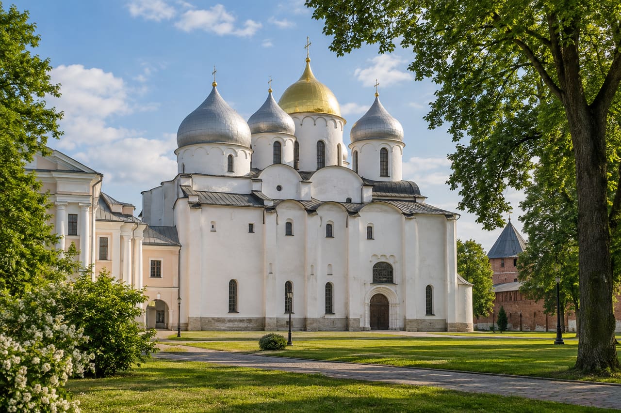 Древний белый собор с металлическими куполами среди зелени