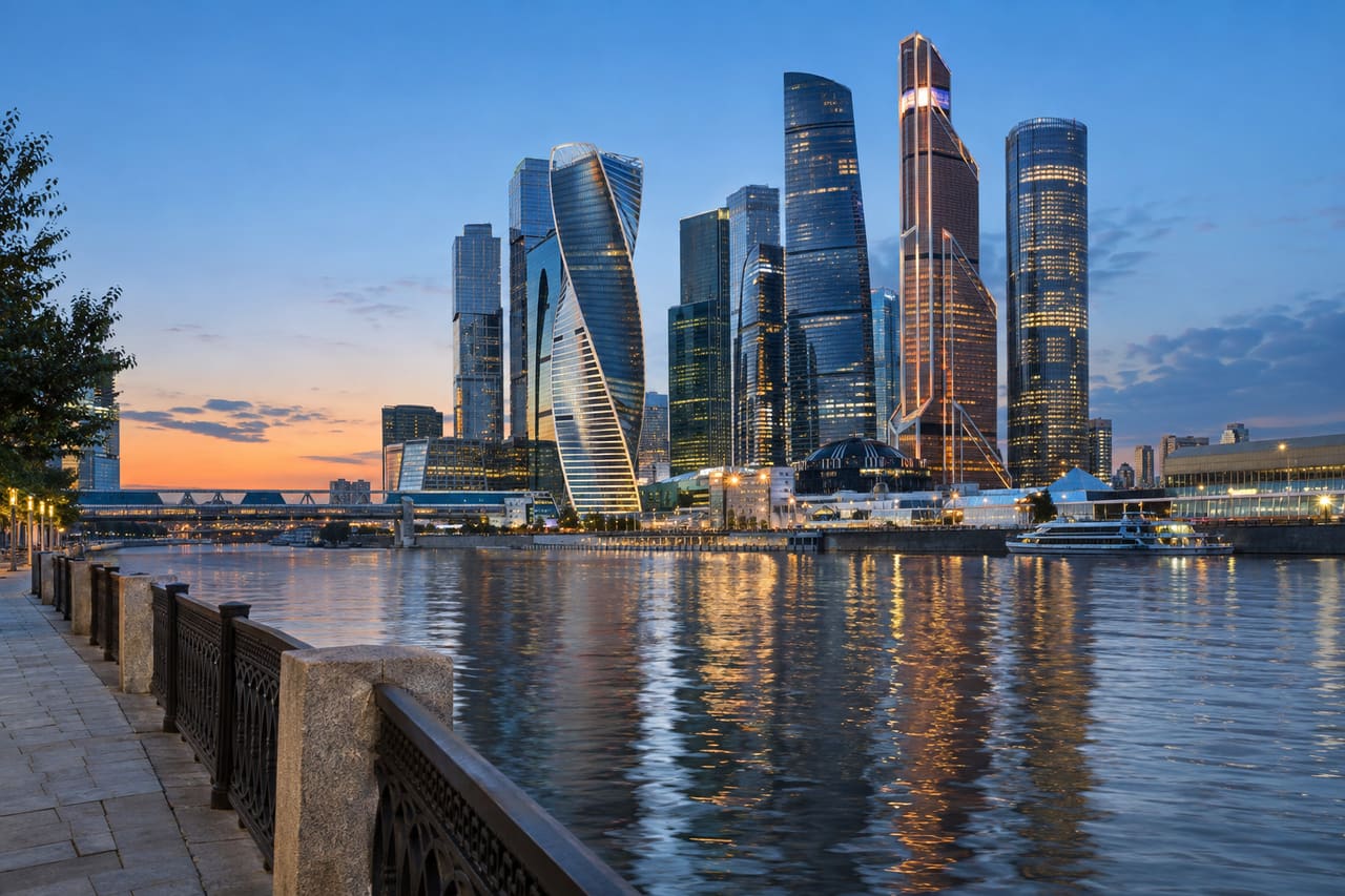 Небоскрёбы Москва-Сити и отражения в Москве-реке
