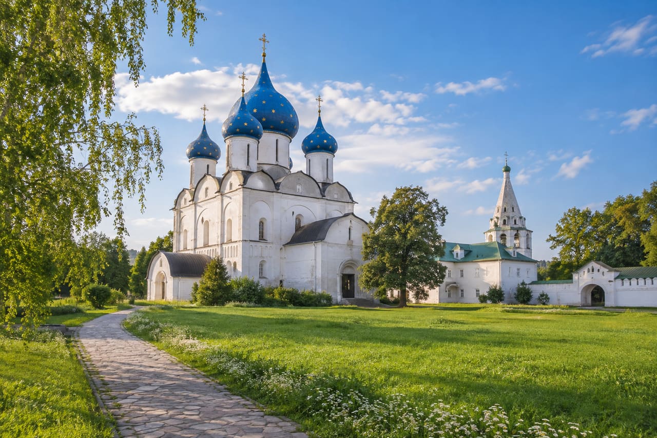 Белый собор с синими звёздчатыми куполами над зелёным лугом
